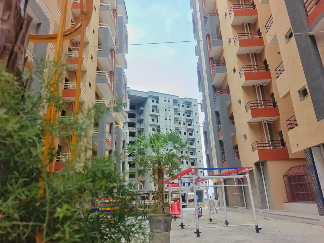 View through Deans City residential towers and landscaped courtyard