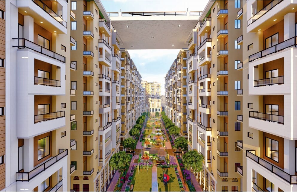 Landscaped central boulevard between Deans City residences