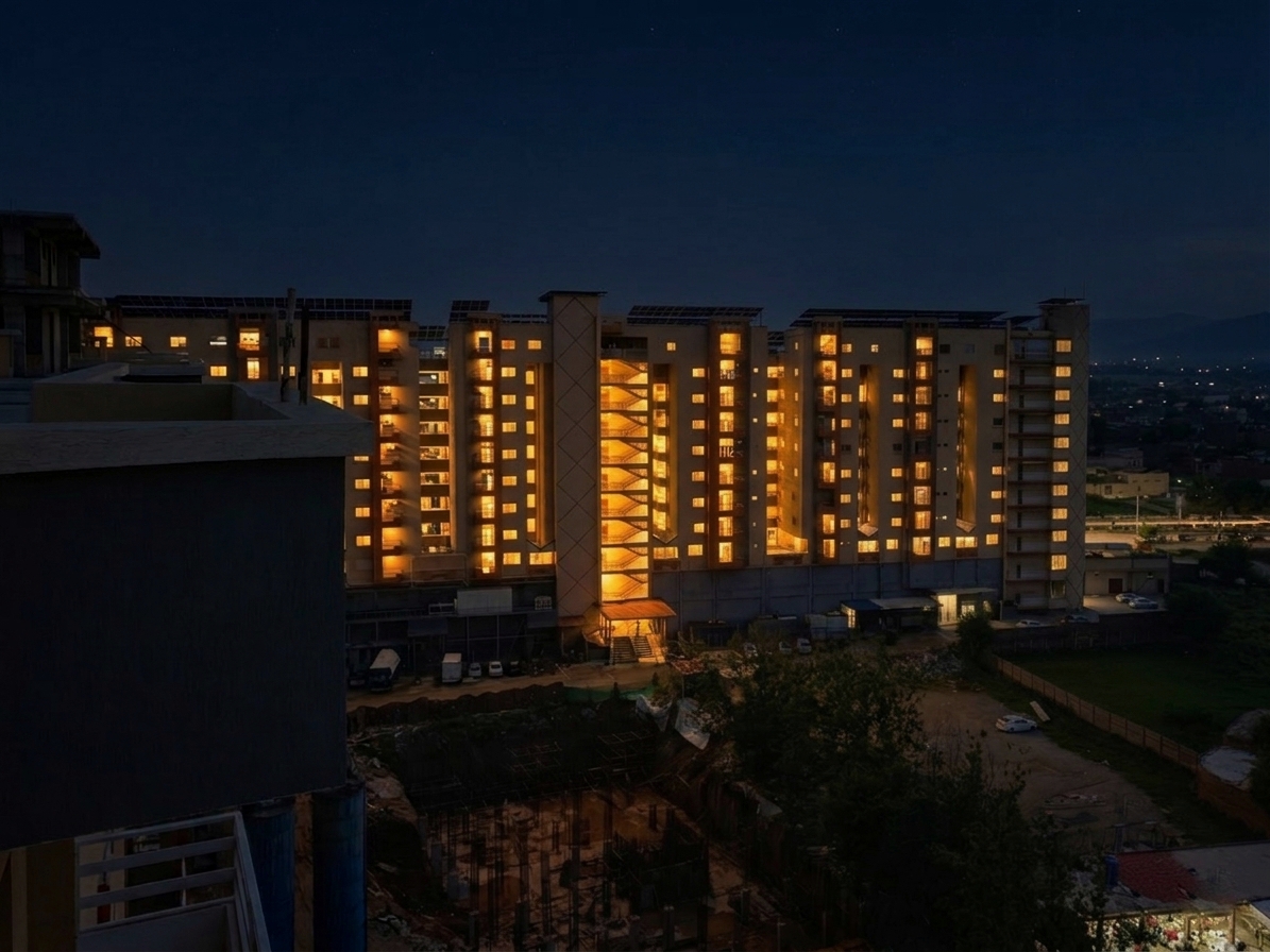 Deans City towers illuminated at night