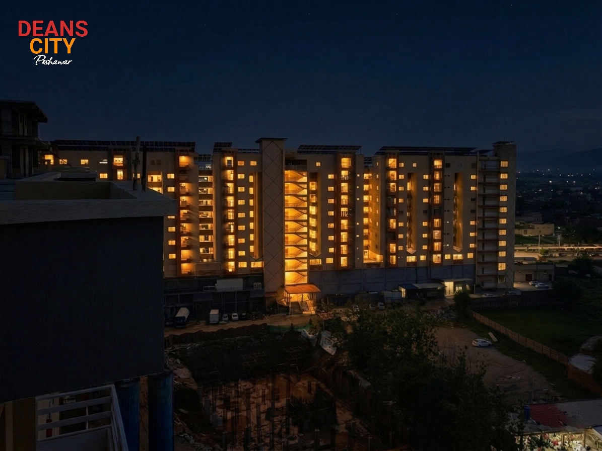 Deans City residential towers illuminated after sunset